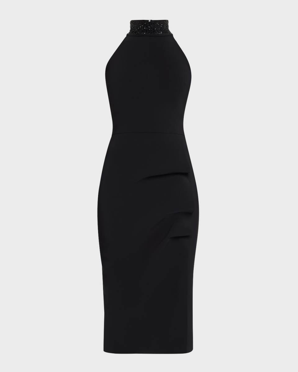 Rhinestone-Embellished Halter Midi Sheath Dress